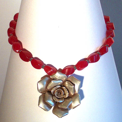 Bali Silver Rose Necklace w/ Ruby Jade & Bali Beads